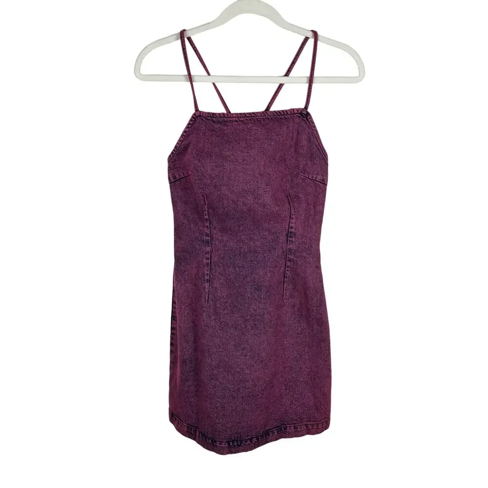 Topshop Dress Womens 4 Pink Denim Mini Overdye Open Back Strappy Grunge Emo Goth